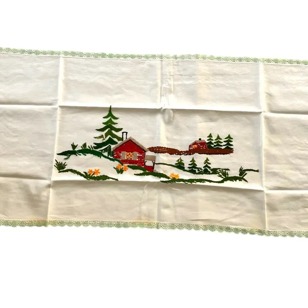 Vintage Handmade Table Runner Embroidered Cabin Rustic Farmhouse Crochet